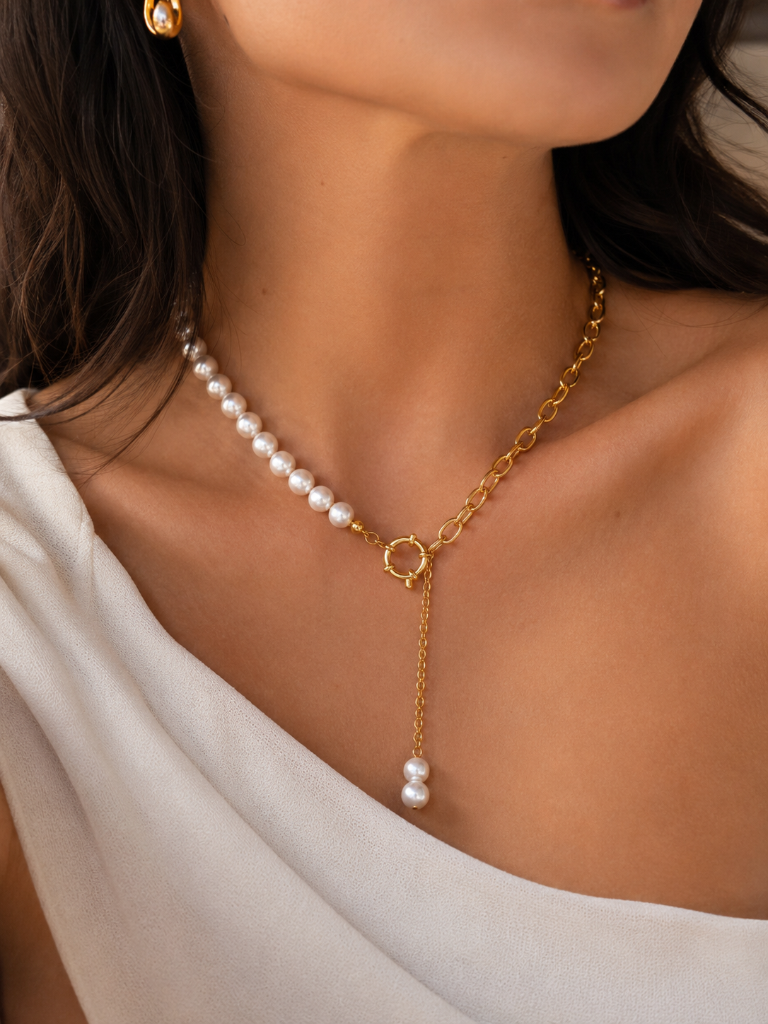 Pearl and Chain 18K Gold Plated Stainless Steel Necklace