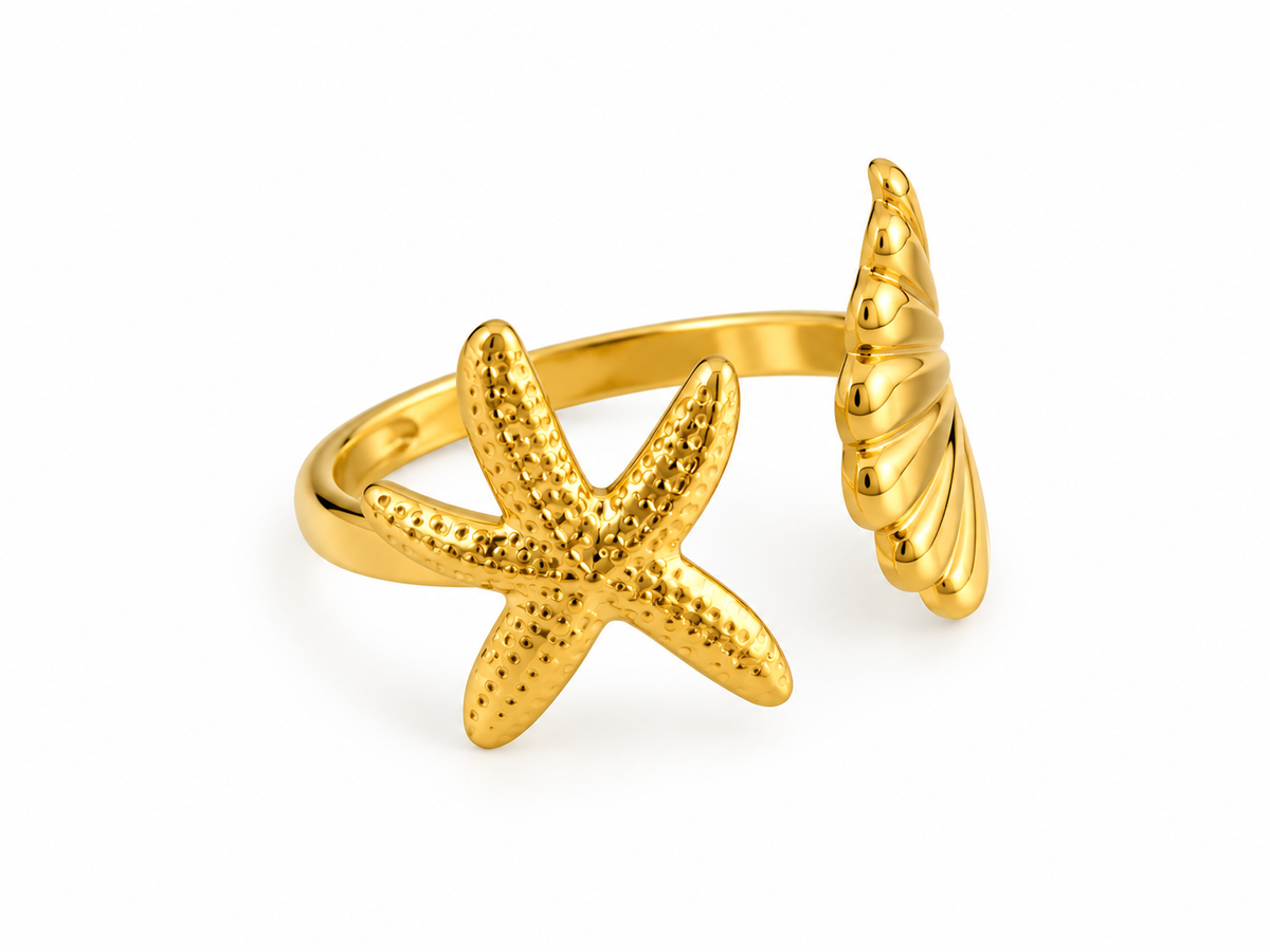 Starfish & Seashell PVD Gold-Plated Stainless Steel Ring
