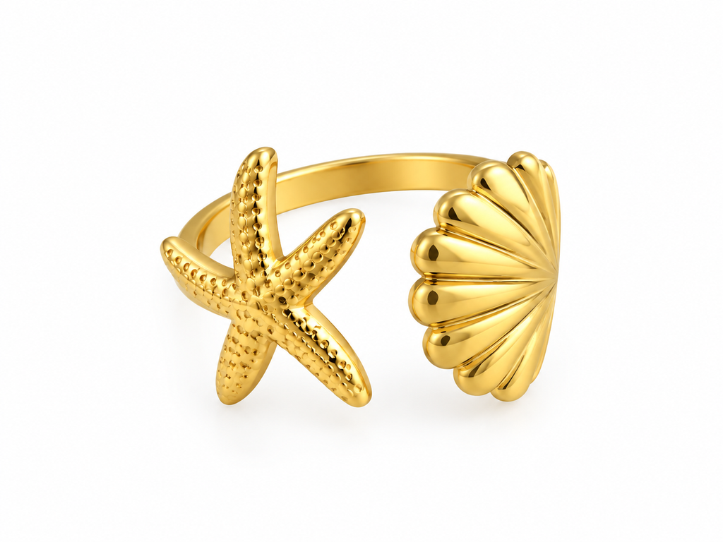 Starfish & Seashell PVD Gold-Plated Stainless Steel Ring