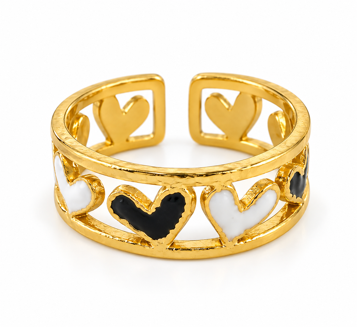 Black & White Hearts PVD Gold-Plated Stainless Steel Ring