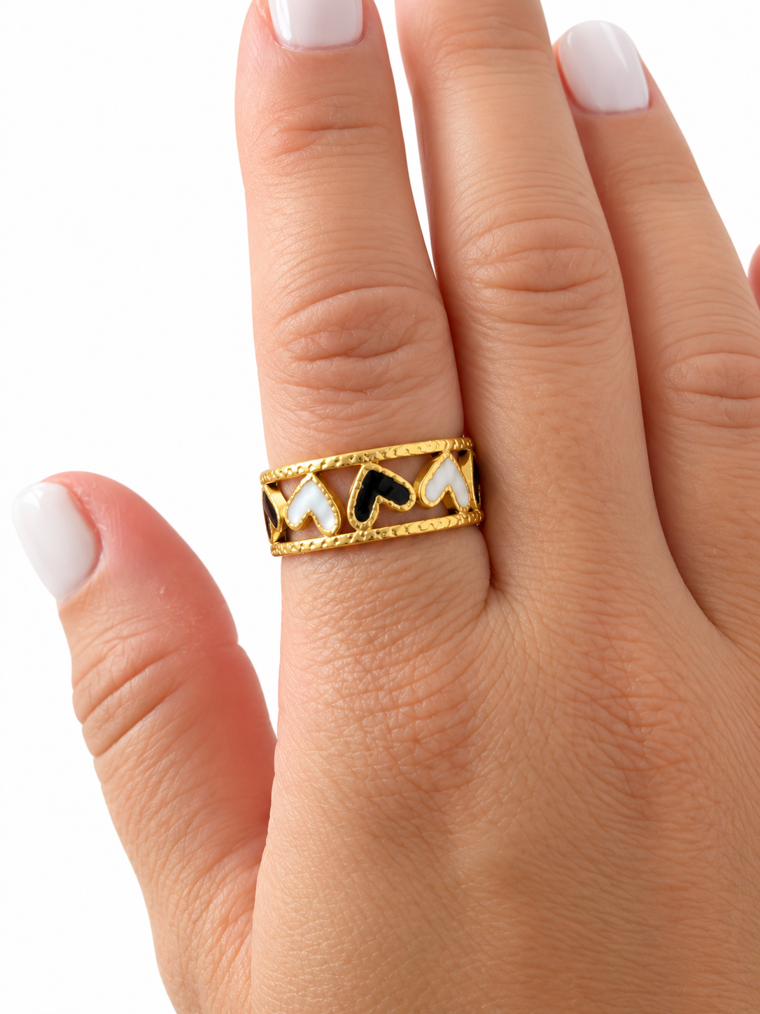Black & White Hearts PVD Gold-Plated Stainless Steel Ring