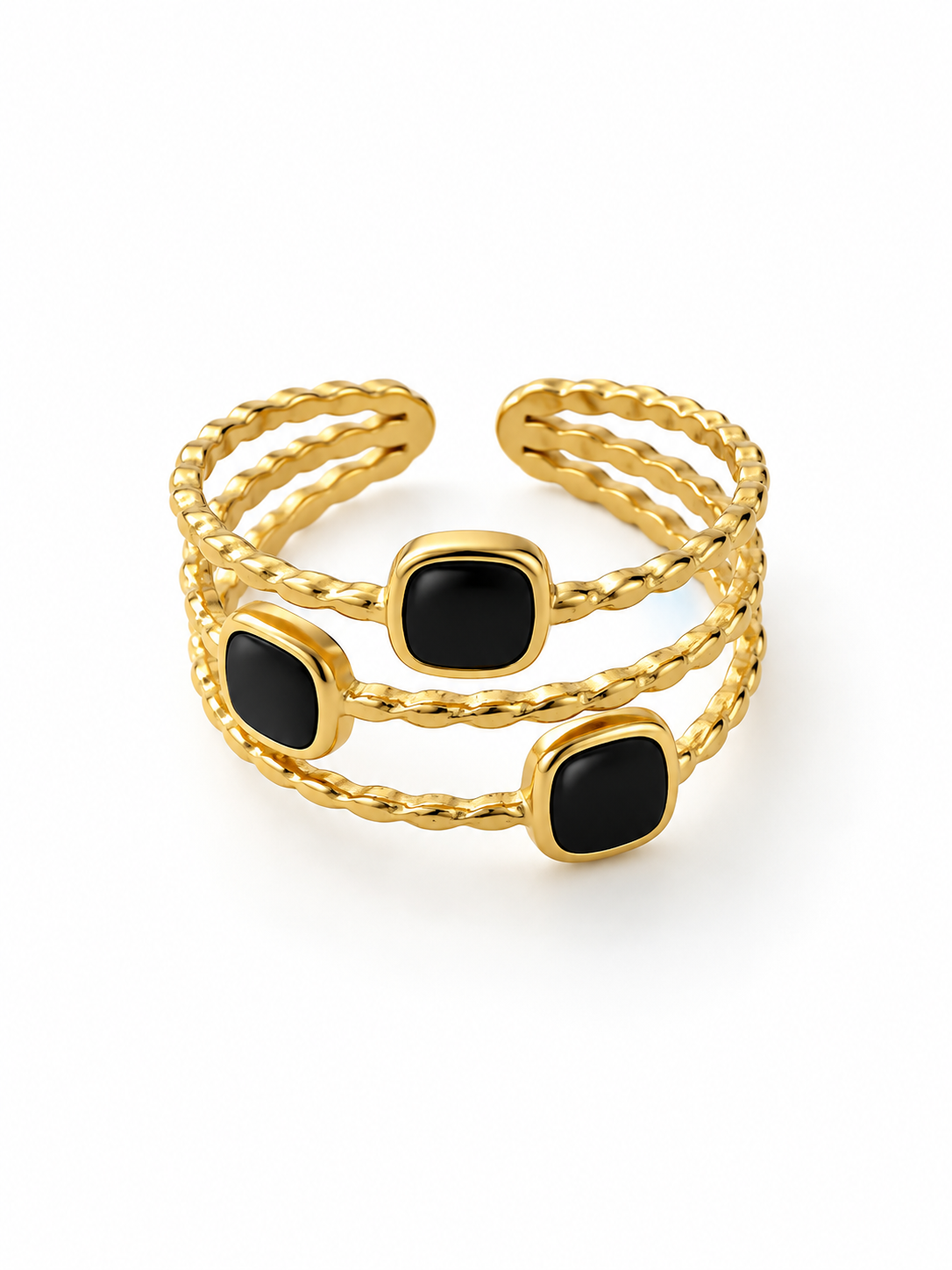 Black Stone Open PVD Gold-Plated Stainless Steel Ring