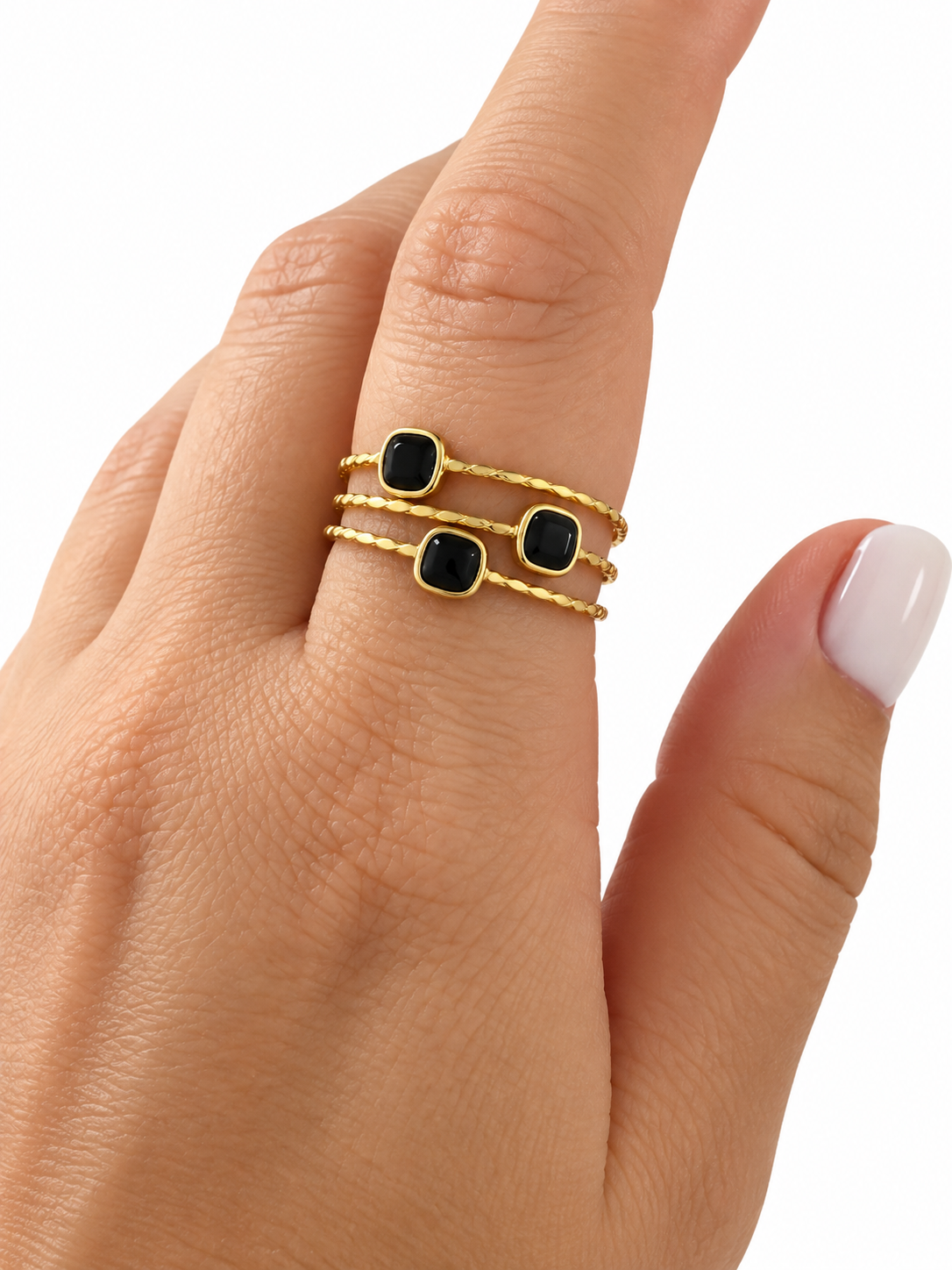 Black Stone Open PVD Gold-Plated Stainless Steel Ring