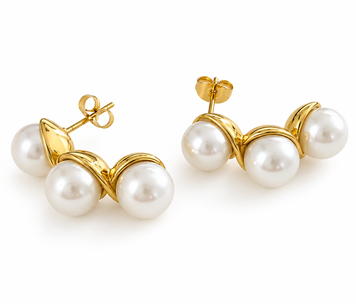 Triple Pearl PVD Gold-Plated Stainless Steel Earrings