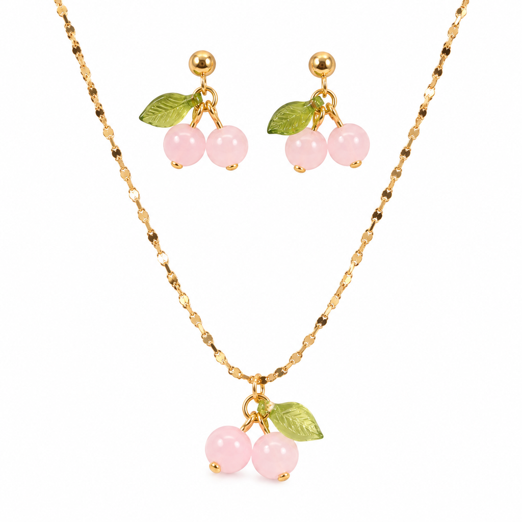 Pink Cherry Necklace & Earrings Set