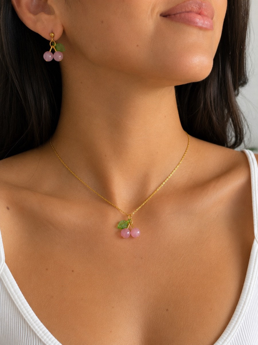 Pink Cherry Necklace & Earrings Set
