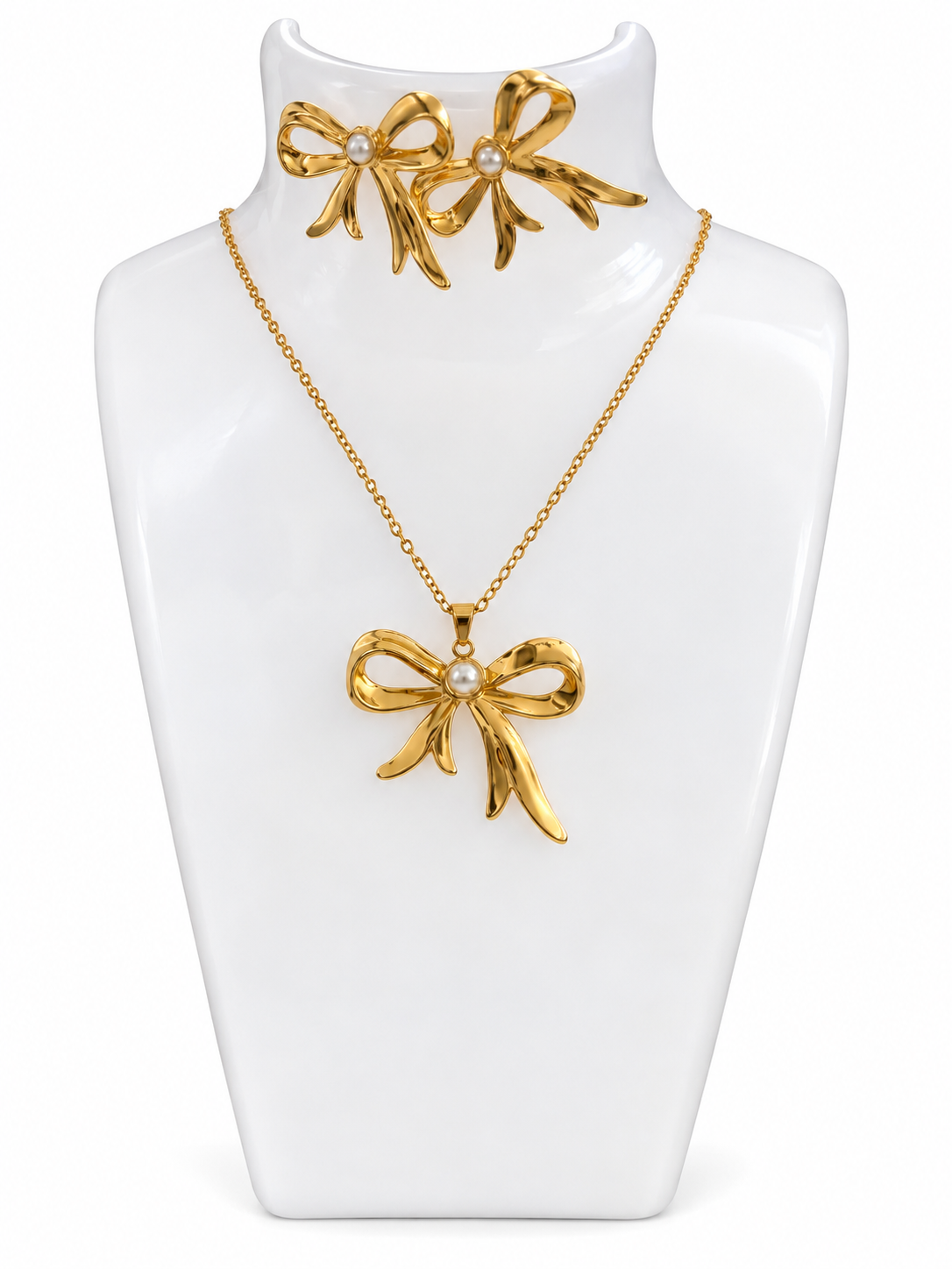 Bow & Pearl Gold Plated Earring and Necklace Set